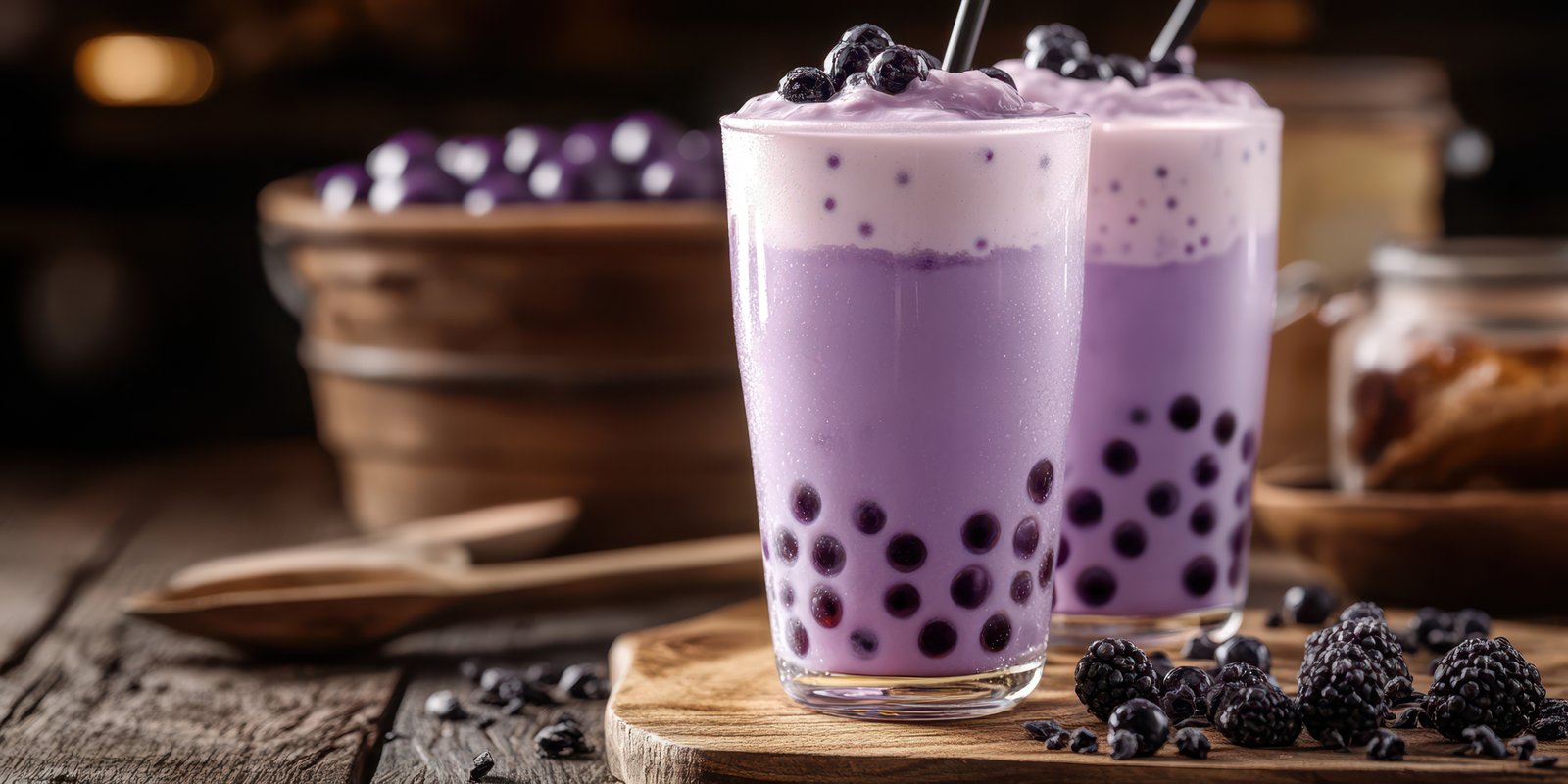 Refreshing purple bubble tea with blueberries served in tall glasses on a rustic wooden table